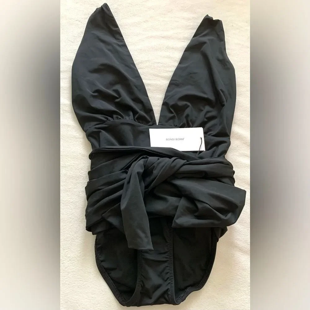 Bondi Born Addison Deep Plunge One-piece Swimsuit Size US 6 Black Bathing Suit